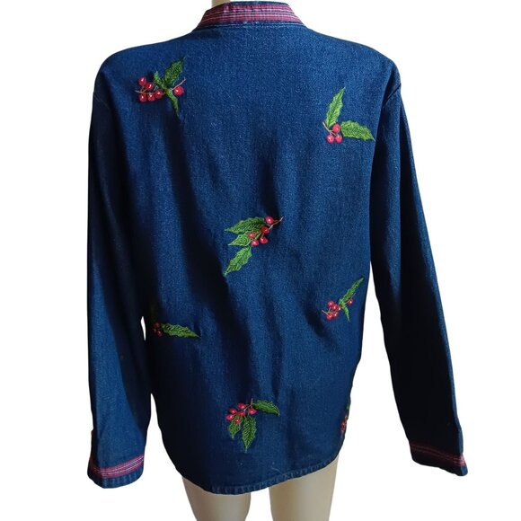 Women's Petite Medium PM Embroidered Denim Jacket Christmas Appleseeds Cottage - Picture 2 of 7